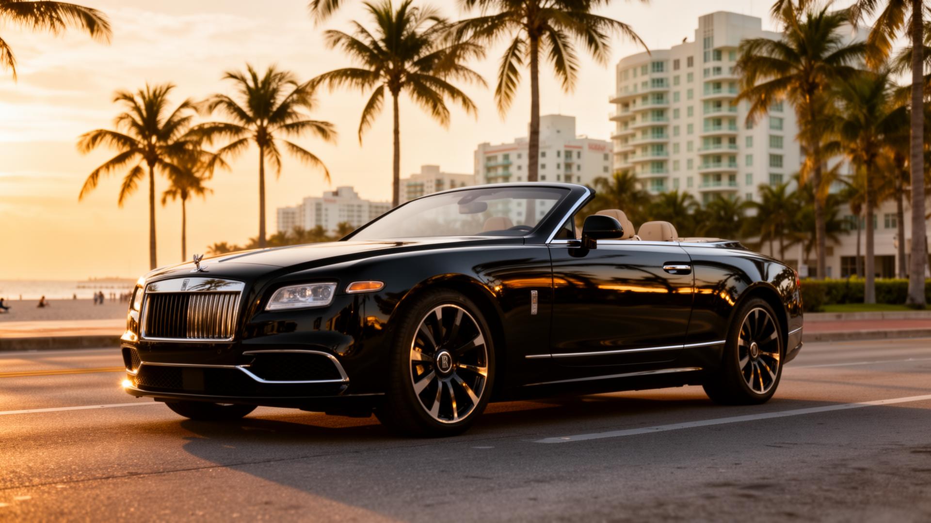 Luxury convertible on Miami's Ocean Drive at golden hour